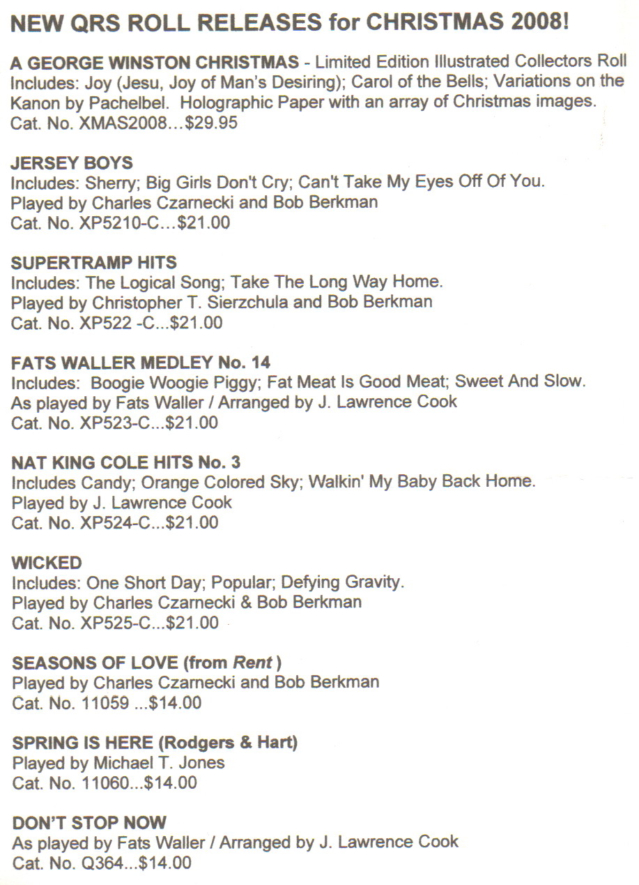 New QRS Roll Releases for Christmas 2008